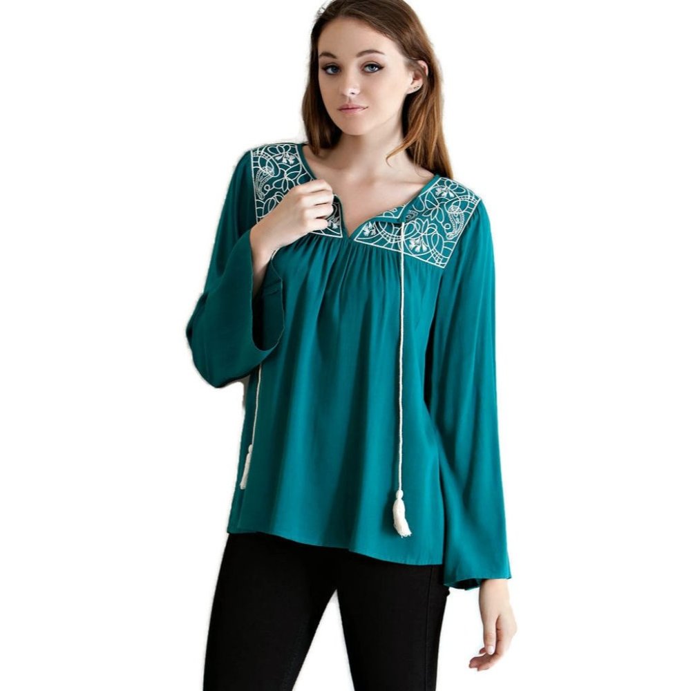 Entro Embroidered Tassel Tie Top, Teal